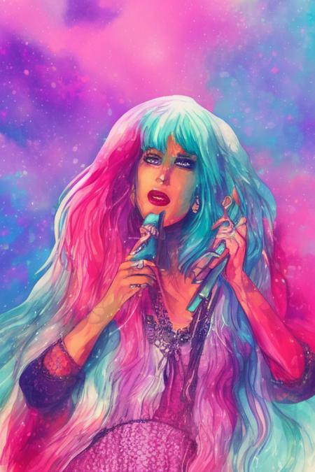 tarot card style, watercolor style,  illustration style, Jem and the Holograms, portrait,  Rock star, 1girl, solo, sparkling glitter background, art by artgerm, wlop, ring light,  duskgem