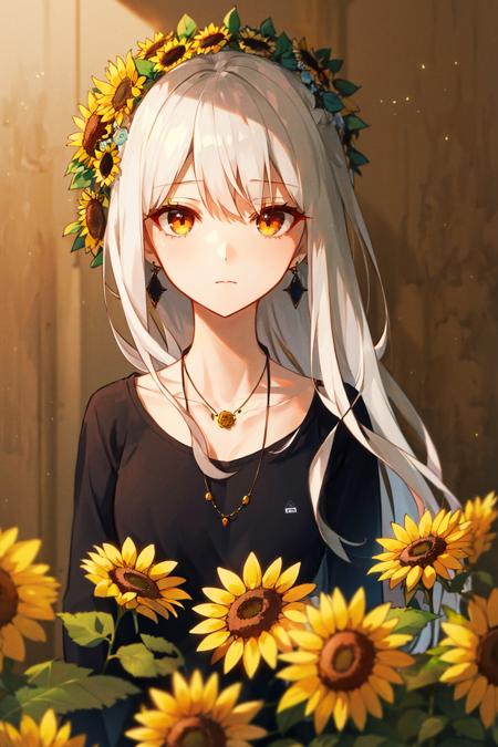 1girl, floating_hair, long_hair, white hair, flower, orange_flower, yellow_flower, solo, closed_eyes, head_wreath, yellow_rose, rose, off_shoulder, hair_flower, flower_wreath, upper_body, collarbone, sunflower, red_flower, pink_flower, parted_lips, white_flower, short_sleeves, shirt, bangs, blue_flower, jewelry, earrings, eyebrows_visible_through_hair <lora:style_Rella:1>