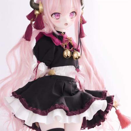 <lora:dolls:1.0>, (kukolnydom:1.0), doll, 1girl, bell, black skirt, dragon tail, dress, fang, highres, horns, pink hair, skirt, tail, tassel, white background, white dress