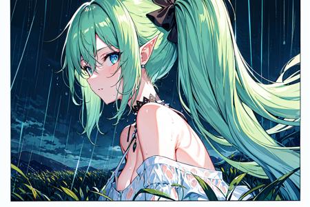 best quality,masterpiece,extremely detailed CG unity 8k wallpaper, ultra-detailed, photo,
1girl,solo,rain,off-shoulder dress,collarless,light green hair,light blue eyes,elf,twintails,delicate face,beautiful detailed eyes,chocker,topless,necklace,
darkness,heavy rain,wet,water,dark sky,dark,black clouds,cloudy,(rainstorm:1.4),dark night,(field:1.4),mountains,hills,wheat,
dynamic angle,looking at viewer