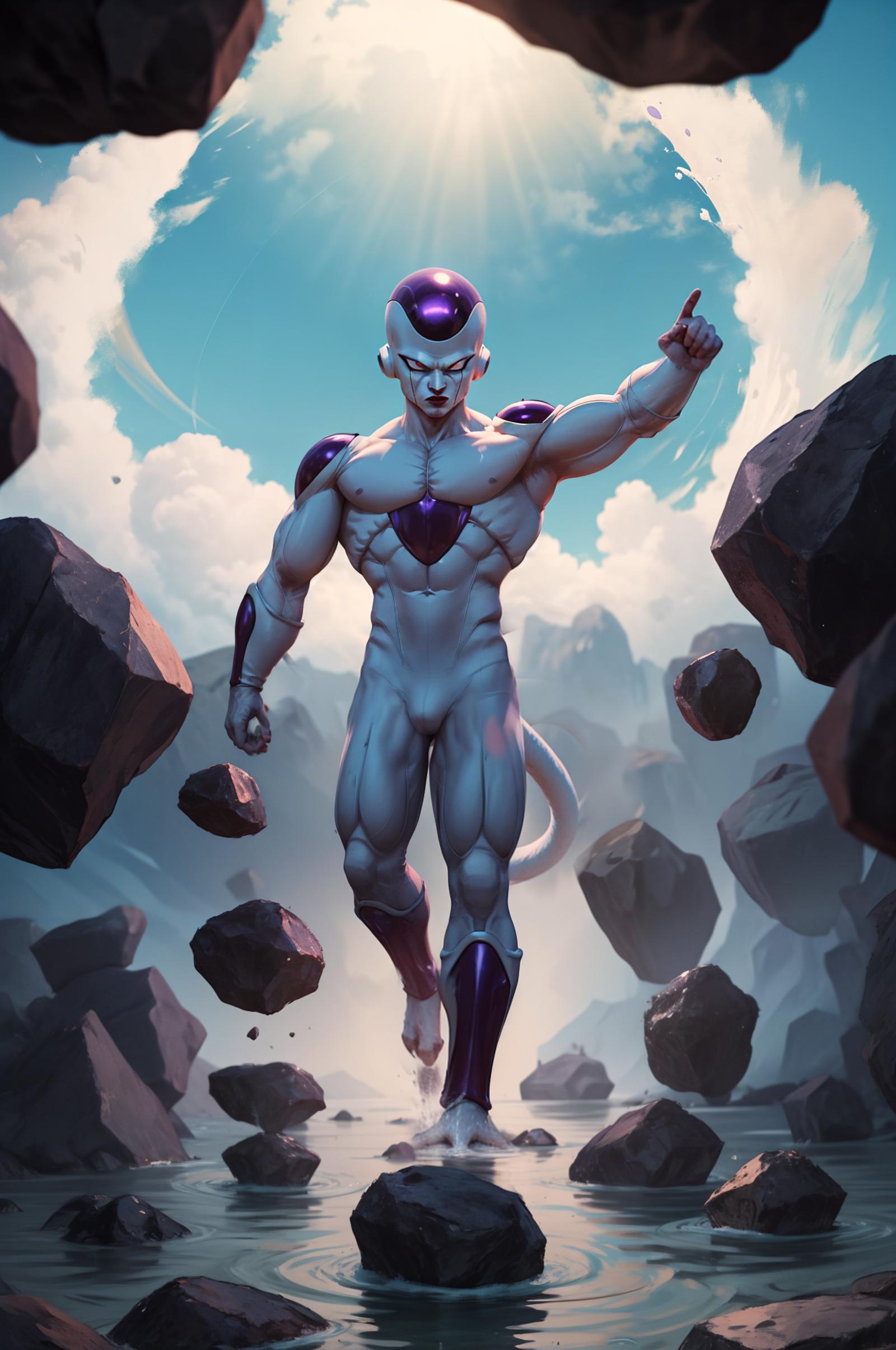A cartoon character, possibly from Dragon Ball, is standing on a rocky surface, pointing upwards with his arm raised. The scene is set against a backdrop of rocks and possibly a blue sky. The character appears to be a powerful and heroic figure, possibly showcasing his strength and determination.