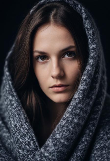 portrait, closeup, styled 26 year old slavic super model ,wrapped in cozy woolen blanket,  revealing one breast, striking face, strong  eyebrows, (sagging breasts), long brunette hair,  (bokeh), (cinematic), (film grain),  (natural soft body), black photostudio, dark background