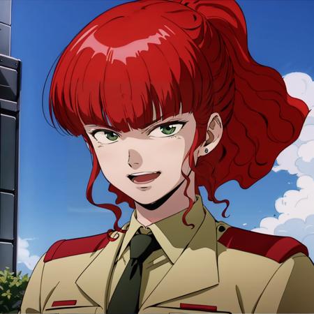 masterpiece,best quality,solo,outdoors,
<lora:jungfreud001:0.7>,looking at viewer,smirk,open mouth,
jungfreud,1girl,
short hair,ponytail,wavy hair,red hair,blunt bangs,green eyes,
collared shirt,necktie,jacket,military uniform,