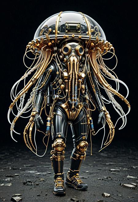 8k, Tilt shift photography style, mechanical jellyfish, walking, gas mask, squid gold part, Transistors shilver armor, shick shark arms, black face visor, mechanical back pack, shilver circuits, propeller on body, walking on the cave, simple dark background, minimalist, extremely detailed, qu4ntum