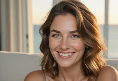 A meticulously detailed, hyper-realistic studio portrait of Olivia, a 35-year-old woman with sun-kissed skin and bright green eyes. She has a slim, oval, delicately contoured face with high cheekbones, a narrow jawline, and a subtle V-shaped chin. Her wavy, short-length light brown hair is casually tousled, framing her naturally beautiful face. Her skin has realistic texture: visible pores, soft natural wrinkles, gentle laugh lines, and minor imperfections that enhance authenticity. She wears a warm, genuine smile with slightly imperfect teeth. She seats in a living room, watching the sunset, and ocean,through an elegant beautiful Huge window, captured with an 85mm lens at f/4, with natural color grading and an unedited RAW film look — inspired by Kodak Portra 400. No makeup retouching, no plastic effect, no artificial smoothing.
