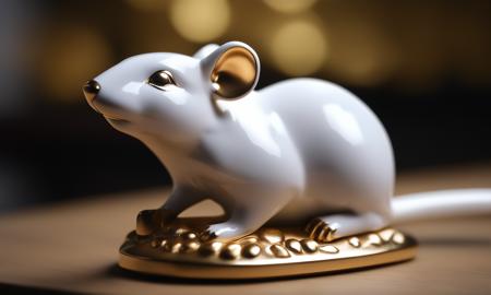 cinematic film still <lora:pcporcelaincd_xl-000006:0.7>,a handmade model toy of a rat made of (pcporcelaincd_xl,porcelain,white theme,gold lacquer,shiny:1.3) in office,no humans,long-focus,tilt-shift,indoors,full body,chinese zodiac,wooden table,cutie,cute,still life,animal statue,front view,facing viewer,looking at viewer . shallow depth of field, vignette, highly detailed, high budget, bokeh, cinemascope, moody, epic, gorgeous, film grain, grainy, 8K, HDR, UHD, masterpiece, best quality, highly detailed, high resolution, finely detail, extremely detailed, ultra detailed, wallpaper