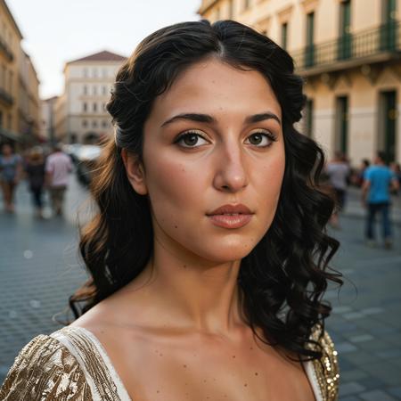 a close up  analogue photo of a beautiful age 21 Greek woman, ((dark eyes)), ((black hair)), olive skin, Greek nose, oval face, curly hair, <lora:Greek_contemporary_Goddess-000006:0.8>, greek goddess,wearing sequined gown with a deep plunge and cap sleeves, crafted from glimmering sequin fabric that dazzles at every turn,,((soft natural light)), ((rembrant light)), shadows, clear focus, high resolution image, high quality, film grain, Fujifilm XT3, 8k uhd, dslr, film grain, kodak tri-x 400 film, grain photo DOF, faint lighting, dynamic angle, cinematic, Depth of field, bokeh, best quality, cinematic, light particles, highly_detailed, very_aesthetic, golden hour, beautiful_and_aesthetic ,Sexy pose, erotic pose, exhibitionism, ,A bustling market square with street performers and food vendors