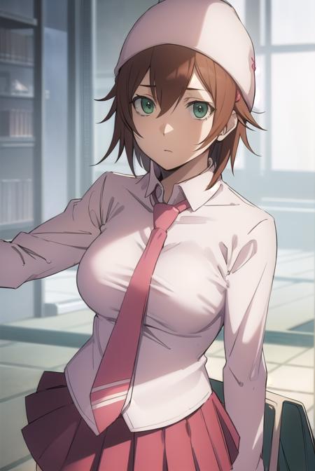 mikaharima, <lora:mika harima s1-lora-nochekaiser:1>,
mika harima, short hair, brown hair, (green eyes:1.3),
BREAK skirt, shirt, hat, beanie, school uniform, pleated skirt, necktie, white shirt, collared shirt, long sleeves, red skirt, pink necktie,
BREAK indoors, classroom,
BREAK looking at viewer, (cowboy shot:1.5),
BREAK <lyco:GoodHands-beta2:1>, (masterpiece:1.2), best quality, high resolution, unity 8k wallpaper, (illustration:0.8), (beautiful detailed eyes:1.6), extremely detailed face, perfect lighting, extremely detailed CG, (perfect hands, perfect anatomy),