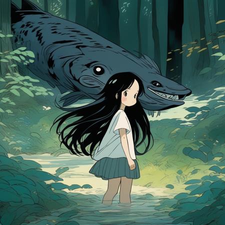 cute litter girl,cute Barracuda, in the woods,long wavy hair, black hair,  ghibli anime style,, (masterpiece,best quality,niji style)