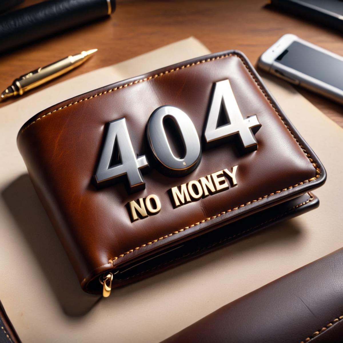 A brown wallet with a gold 404 error message on it.