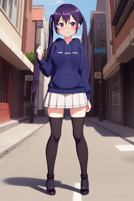 ((((ultra illustrated style:1.0)))),best quality,best animated,masterpiece,ray tracing, global illumination,1girl, solo,full body,long hair,twintails,hoodie,pleated skirt,zettai ryouiki,boots, shy,city, street,building,  <lora:Tedeza Rize:0.7>