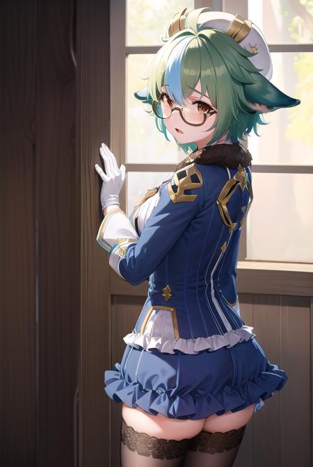 sucrose, <lora:sucrose-lora-nochekaiser:1>,
sucrose, ahoge, animal ears, (brown eyes:1.5), glasses, gradient hair, hair between eyes, messy hair, multicolored hair, semi-rimless eyewear, short hair, green hair, <lora:yudedako_v100:1>, <lora:wavymouth_type2_v100:1>, open mouth,
BREAK frills, fur collar, gem, gloves, green thighhighs, long sleeves, thighhighs, white headwear, zettai ryouiki, skirt, blue skirt,
BREAK indoors, laboratory,
BREAK looking at viewer, (cowboy shot:1.5),
BREAK <lyco:GoodHands-beta2:1>, (masterpiece:1.2), best quality, high resolution, unity 8k wallpaper, (illustration:0.8), (beautiful detailed eyes:1.6), extremely detailed face, perfect lighting, extremely detailed CG, (perfect hands, perfect anatomy),