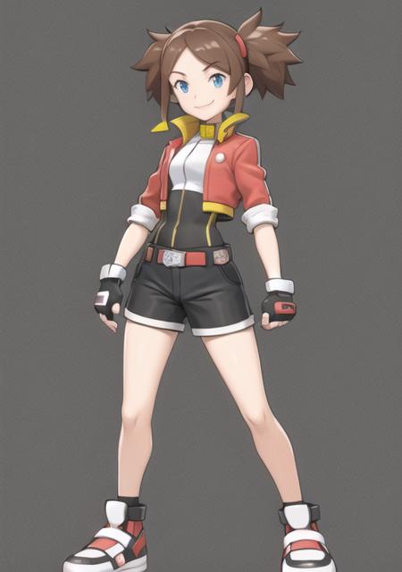 <lyco:RangerChar-08:0.7> 1girl, solo, smile, blue eyes, simple background, brown hair, gloves, white background, twintails, standing, jacket, full body, shoes, shorts, belt, fingerless gloves, black shorts, short twintails, bike shorts, cropped jacket