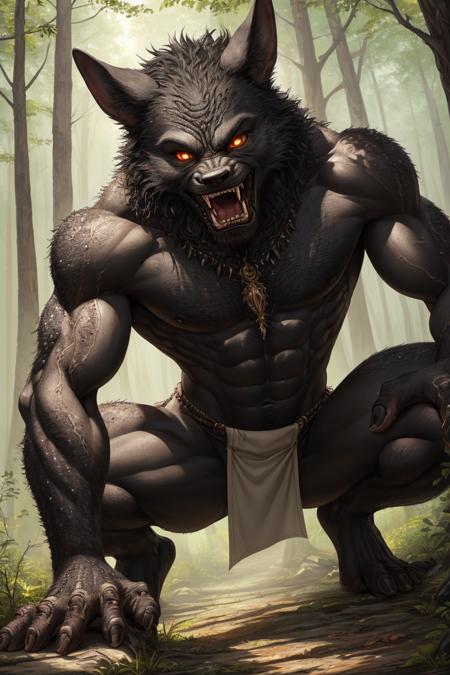 nsfw, explicit, explict, (werewolf:0.7), high res, (detailed realistic image:1.3), (detailed eyes, beautiful expressive eyes:1), impasto impressionism, insane details, soft, (hyper realistic skin:1.2), (detailed skin:1.3), pupils, (skin covered body:1), (male:1), (werewolf features:0.7), (humanoid features:1), (expressive face, detailed face:1), (realistic:1), (photorealistic, photo-realistic:1), nipples, belly button, full color, (3d:1), (highly detailed:1.2), masterpiece, 8k uhd, (seductive, seductive smirk:1), (forest background), loincloth, (first person view), fangs, crouching, (muscular:1), (skinny:1.3), dark fantasy art, (black skin:1.3)