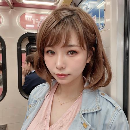 A realistic image of a mio sitting on a New York subway at nighttime in the 1980s, taking a selfie. She has shoulder-length, light brown hair styled in a neat and slightly retro fashion. She is wearing light makeup with pink eyeliner and is dressed in attire suitable for working at a restaurant, including a neat blouse and a casual jacket. Her facial expression shows a blend of excitement and focus. The background features a typical 1980s New York subway setting, with graffiti on the walls, worn seats, and a slightly gritty atmosphere. Two police officers are standing nearby, one leaning against the subway door and the other standing near a pole. The scene is darker, with dim lighting that captures the nighttime ambiance. The lighting and color tones emulate the style of photos taken with a Nikon FA camera, giving the image a nostalgic and authentic 1980s feel, (chromatic abberation, film grain:0.5), (looking at viewer), blurry background,(35mm, F/2.8) Photo Focus, DOF, Aperture, insanely detailed and intricate, character, hypermaximalist, hyper realistic, super detailed, diffused light:0.3, <lora:mio:0.7>