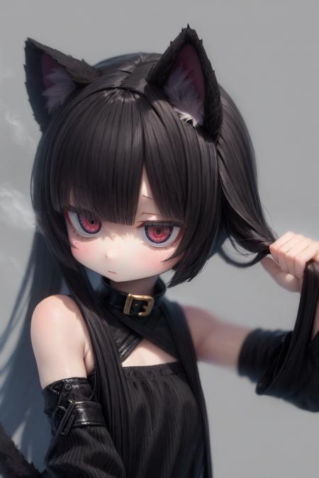 animal girl,black hair,(long hair:1.2),holding hair,cat ears,red eyes,wide sleeves,black minidress,