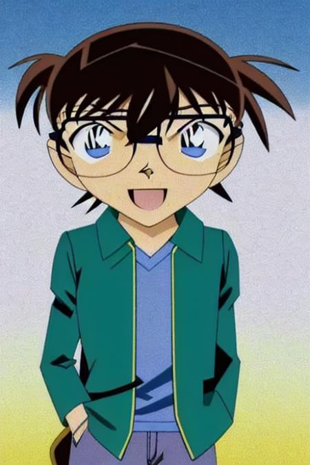 <conan>, solo, 1boy, full body, male focus, glasses, blue eyes, male child, smile, shirt, closed mouth, brown hair, green shirt, looking at viewer, jacket, blue jacket, black-framed eyewear, bangs, hair between eyes, gradient background, short hair, portrait, gradient, yellow background