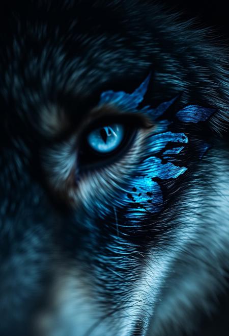 The extreme macro photo captures a fearsome grey wolf's left eye, bathed in a dark and inky contrast. Its piercing pure blue eyes and sharp teeth are visible in the background. The wolf's dark fur, matted and messy around the eye due to the spray paint, contrasts dramatically with the metallic blue markings that adorn its face, particularly around and over the eye, resembling scales or armor. The spray paint gives the markings a wet, messy appearance. The photo is highly detailed and intricate.