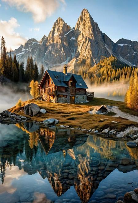 their peaks veiled in mist. mixed media, surrealism, great lighting, A surreal landscape highly detailed . extremely high-resolution details,  appears trapped in an optical illusion of reflections and refractions colorful , mountain cabin, professional photography, natural lighting, volumetric lighting maximalist. intricately detailed, complex, elegant, expansive, fantastical, film photography style,  medium grain