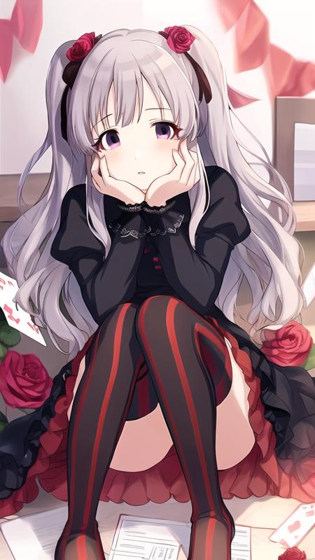 Yukoku Kiriko,
1girl, blush, card, dress, flower, frilled cuffs, grey hair, hair ribbon, hands on own face, hugging own legs, knees together feet apart, layered dress, long hair, looking at viewer, parted lips, puffy sleeves, purple eyes, ribbon, rose, sidelocks, solo, striped, striped thighhighs, thighhighs, twintails

<lora:shinymas-v2.1:1>