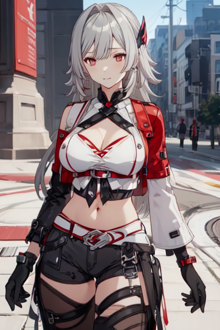 HeliaHonkai, 1girl, breasts, solo, long hair, grey hair, navel, cleavage, pantyhose, crop top, red eyes, midriff, black gloves, large breasts, black shorts, bare shoulders, red gloves, short shorts, hair intakes, asymmetrical gloves, single glove, thighhighs, detached sleeves, shirt, clothing cutout