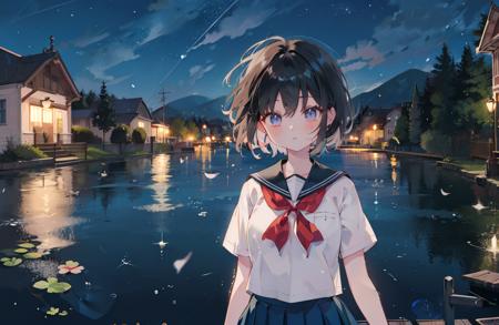 far,1girl,solo,skirt,school uniform,black hair,outdoors,standing on the water,short hair,lake,night,upper body,