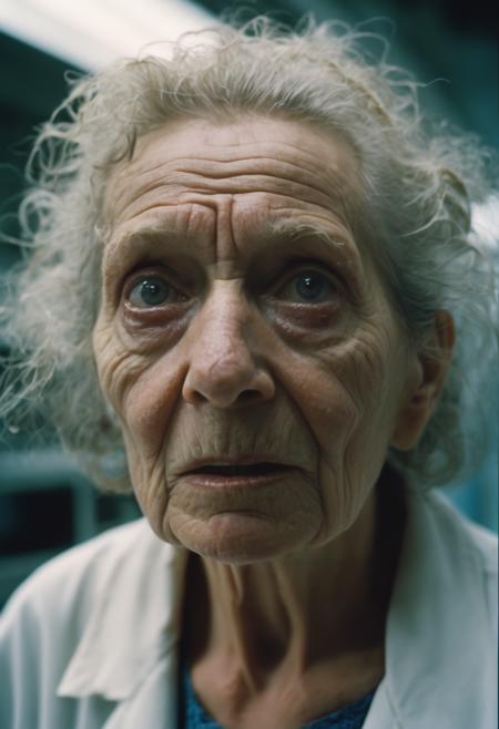 RAW candid cinema, upper body photo, an old crazy woman scientist, crazy face, tired, standing inside industrial lab interior, deserted place, flooded, flood,  55mm lens, bokeh, ((color graded portra 400 film))  (ultra realistic), ((realistic dull skin noise)), ((visible skin detail)), ((skin fuzz)), (dry skin) shot with cinematic camera