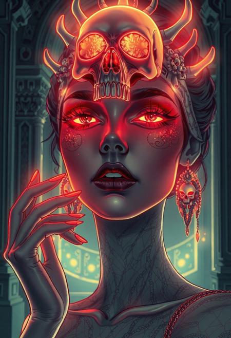 A highly detailed, intricate line-art illustration in the style of Steve McDonald. Detailed hyper realism in the visible body parts (face, hands, legs).
3D rendering, face close-up, CG high model, Elegant [goth ] with neon glowing makeup and a holographic skull headdress, in a [red and gold] cyberpunk aesthetic, dark fantasy, anime-style, illuminated by soft neon lighting
, acrylic painting in style Adam Hughes.
The composition features mesmerizing line work, fine architectural detailing in the background, and a play of light and shadow through intricate hatching. The overall aesthetic is serene, introspective, and dreamlike, blending realism with a highly structured, almost meditative pattern-based design.