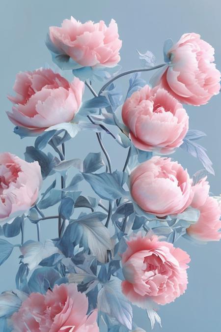 flower, peony,chinese peony, in the style of light pink and light azure, dreamy and romantic compositions, light azure and amber, ethereal foliage, playful arrangements,