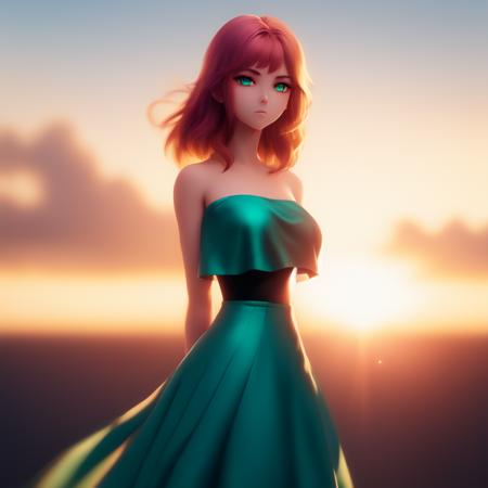 Anime, Pretty Woman in Green Dress, Sunset Horizon, Stares at the end of the world, trending on artstation, cinematic lighting, 8k, depth of field, highly detailed, vivid colors, bright lights, digital art, very coherent, cinematic, hyper realism, high detail, 8k, iridescent accents, black teal gold color scheme, trending (to8highkey:1) <lora:to8sHighKeyLORASD21_sd21768:0.6>  <lora:johnsondesuv2-320-e1:0.6>