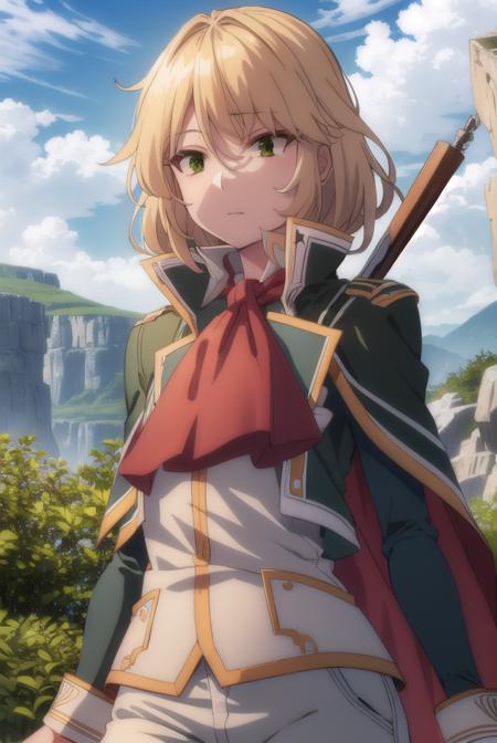 healerblade, <lora:healer blade s1-lora-nochekaiser:1>,
blade, blonde hair, (green eyes:1.5), short hair, hair between eyes,
BREAK long sleeves, pants, cape, uniform, military, ascot, white pants,
BREAK outdoors, forest, nature, trees, grass, sun, sky, clouds,
BREAK looking at viewer, (cowboy shot:1.5),
BREAK <lyco:GoodHands-beta2:1>, (masterpiece:1.2), best quality, high resolution, unity 8k wallpaper, (illustration:0.8), (beautiful detailed eyes:1.6), extremely detailed face, perfect lighting, extremely detailed CG, (perfect hands, perfect anatomy),