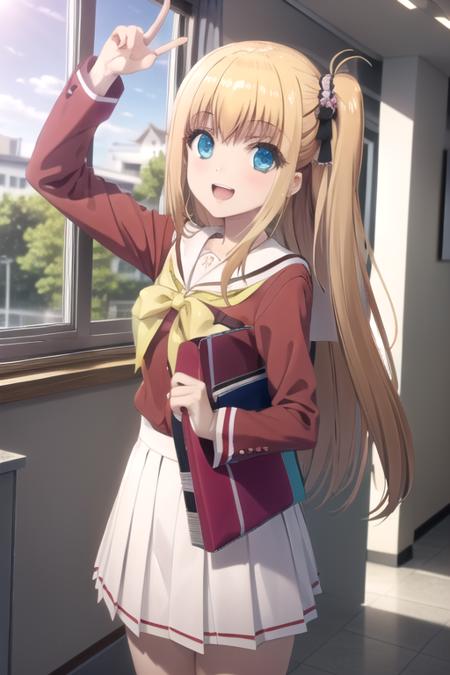 (((picture perfect))), (absurdres), 1girl, solo, <lora:yusa:0.8>, yusa nishimori, school uniform, serafuku, red shirt, blue eyes, :d, open mouth, looking at viewer, classroom, window, light leaks