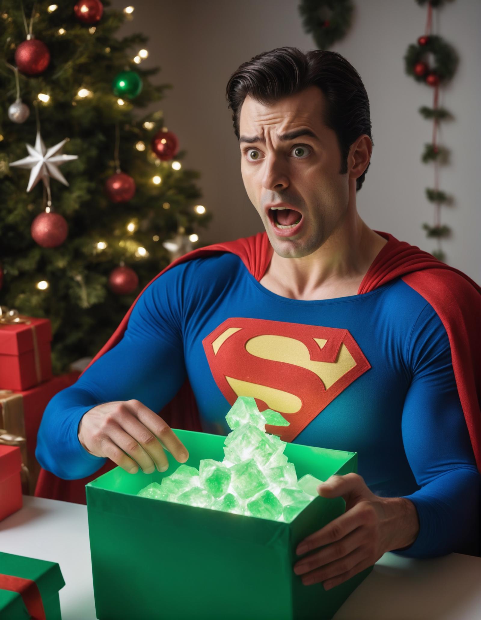 A man in a Superman costume is opening a green box.