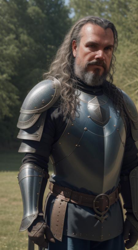 close-up, Man (Mark Plunder, knight, near a castle), looking at viewer, wearing (cuirass, gorget, pauldron, couter, vambrace, gauntlets, cuisses, greaves, sabatons, poleyn, tasses, plackard, rerebrace, breastplace, faulds, scabbard, gardbrace, shoulder armor), HDR