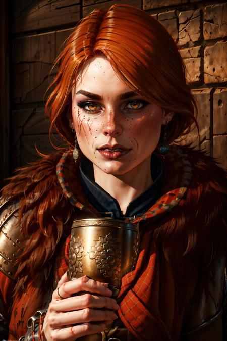 (masterpiece, top quality, best quality, official art, detailed:1.2), <lora:cerys:0.7>, cerysW3, 1girl, solo, looking at viewer, scar on face, holding, mug, drinking, jewelry, upper body, red hair, earrings,  brown eyes