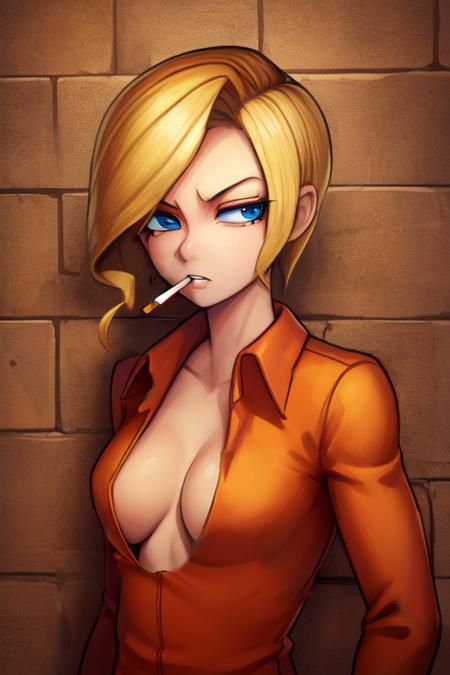 TheConvict, short blonde hair, blue eyes, tired expression, standing, upper body, cigarette, smoking ,  cowboy shot,  solo, 
Orange Jumpsuit with number 10,  no bra, 
 purple and gold dungeon, 
(insanely detailed, beautiful detailed face,  masterpiece, beautiful detailed  eyes, best quality)  <lora:TheConvict:0.7>