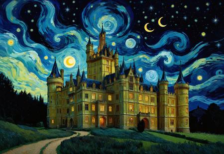 landscape, CGI render, modern, very tight brushstrokes, Van Gogh-inspired Post-Expressionist nocturne of a swirling, starry, and crescent moonlit Highclere Castle landscape with bold, expressive textures, 2025, intricately detailed, refined, defined, highly detailed, follow negative prompts,
