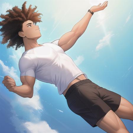 masterpiece, best quality, 1boy, floating in space, natural hair, masculine, muscles, wearing shorts, wearing shirt