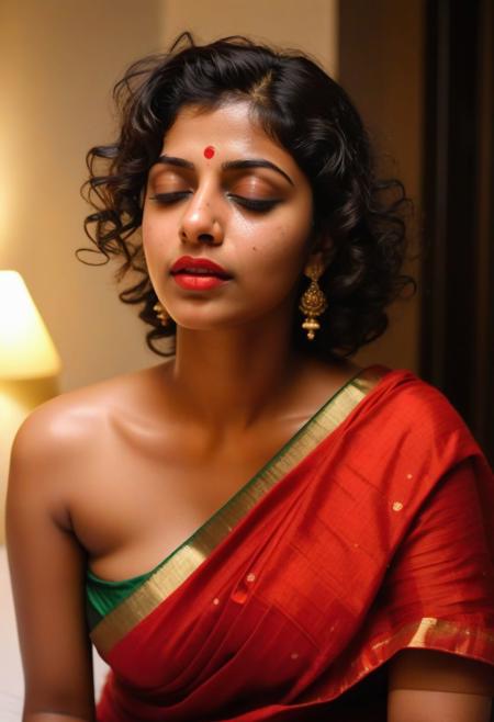 cute Indian girl, curly short hair, dusky skin, sweat, wet look, falling loose red saree, not wearing blouse, very sweaty body, milf, showing very revealing boobs cleavage, visible oily wet breast down blouse, sitting, on hotel bed, at night, eyes closed, wet red lipstick, black eye kajal mascara, dimple drunk kiss , eyes closed, seductive pose,