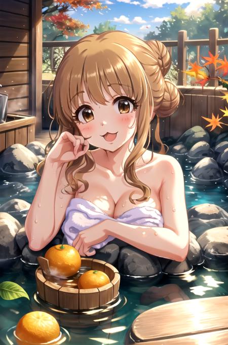 <lora:Moroboshi-08:0.8>,nyowa, long hair, blush, smile, open mouth, cleavage, medium breasts, collarbone, sidelocks, outdoors, food, sky, barefoot, day, cloud, water, hair bun, tree, wet, sparkle, :3, fruit, leaf, single hair bun, towel, steam, partially submerged, head rest, onsen, bucket, bathing, autumn leaves, bath, naked towel, autumn, orange (fruit), mandarin orange, wooden bucket