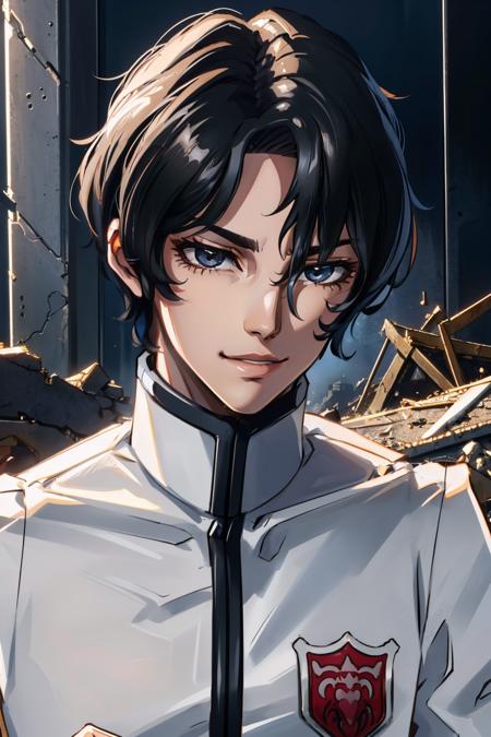 masterpiece, best quality, absurdres, beautiful, destroyed building, evil smile, close up, upper body
<lora:hazama:1> hazamaif, black hair, school uniform, gloves, white pants, 1boy