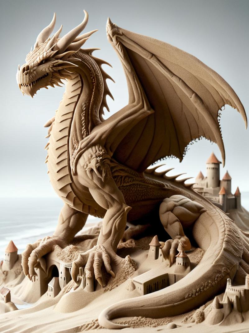 A sand sculpture of a dragon and a castle.