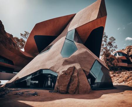 there is a large rock that is next to a building, trending on unsplash, deconstructivism, detailed futuristic architecture, surreal sci fi architecture, futuristic house, <lora:Archiveria_yiu_v30:0.6>