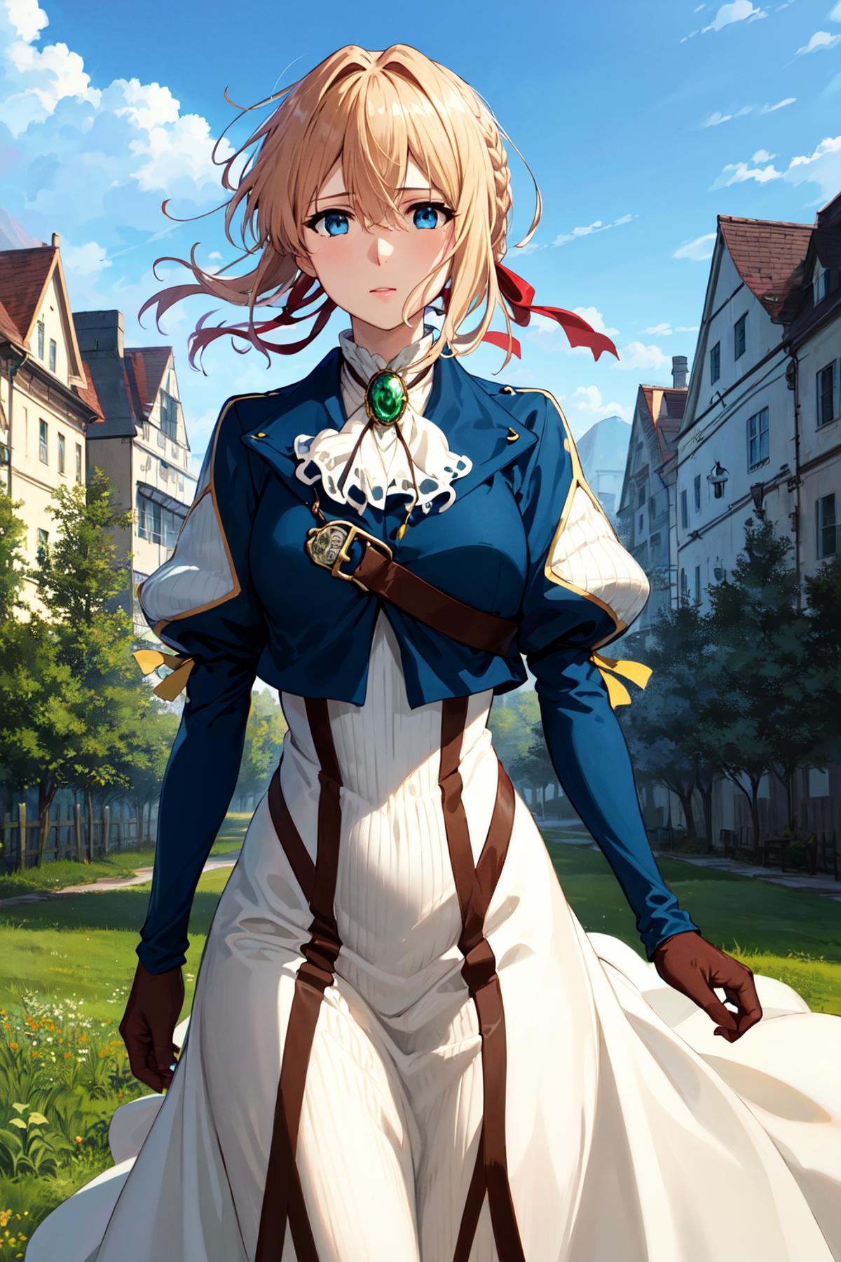 A beautiful blue-haired woman wearing a white and blue dress and a sword belt.