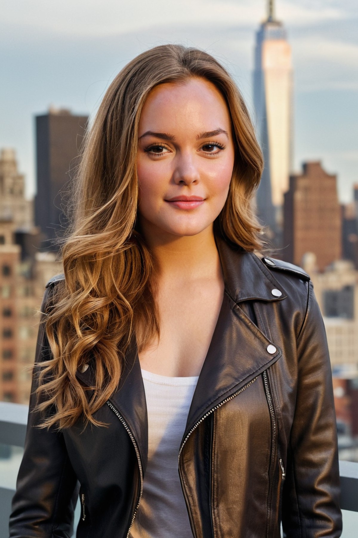 professional photo of a young ohwx woman,wearing a leather jacket, long hair,natural lighting,golden hour,natural skin,por...