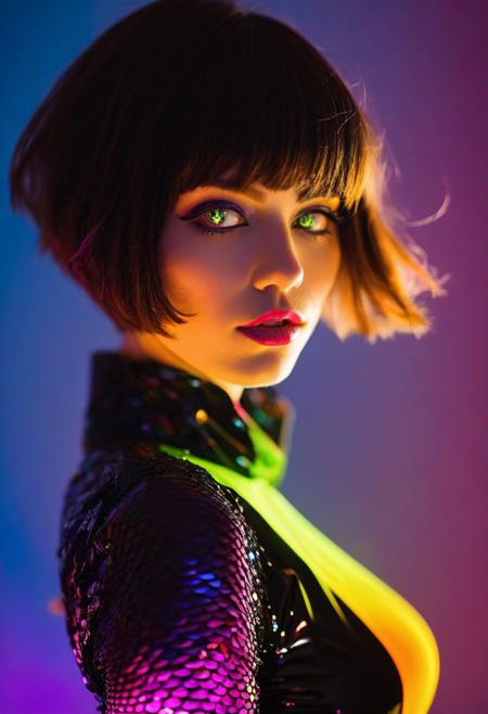(vibrant energy and futuristic atmosphere, backlighting, aesthetic of abstract art:0.1), leading lines, experimental exquisite masterpiece with expertly made details, (opaque and cadmium colors:0.1), (dress:0.1), <lora:MJ52:0.65>(Faye Wray:1.3), 100mm f/2.8 macro lens, 
full body, battle stancevibrant, neon colors, , highly detailed,byJocelyn Hobbie and Charles Dwyer, Triadic color guide,Leica Q2 with Summilux 28mm f/1.7 ASPH, ,clear face, Ultra High Resolution, wallpaper, 8K,Rich texture details, hyper detailed, detailed eyes, detailed background, dramatic angle, epic composition, SimplepositiveXLv1 (masterpiece, high quality, fisheye:1.2), model photoshoot, (black theme:1.1), a stylish girl,