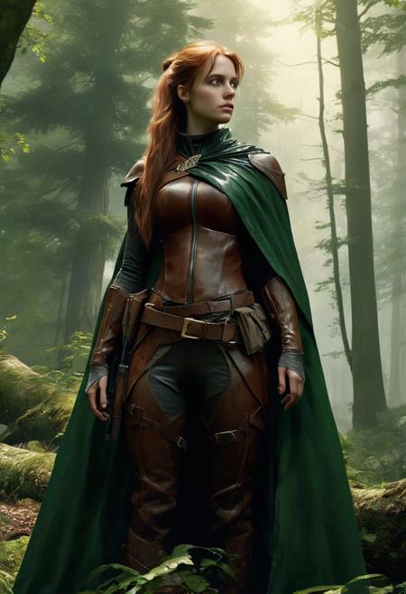 Elf,Very high ponytail,long hair,reddish brown hair,Leather Tight,Sci-fi sniper rifle,green cape,Lightweight green shoulder armor,standing,Standing on a branch,virgin forest,full_shot,from_below,aiming, extremely beautiful, highly detailed, serious, elegant, cinematic, sharp focus, structured, intricate，Create an image with a dark and realistic art style that blends elements of fantasy. The scene should be characterized by its dramatic use of lighting and detailed textures, evoking a somber, mystical atmosphere. Use a dark palette to enhance the mood, incorporating Romanticism influences to reflect emotional depth and introspective qualities. The composition should include epic scenery, portraying large-scale landscapes that inspire awe and grandeur, typical of narrative settings in epic tales. The artwork should mimic the techniques of 19th-century Romantic painters, similar to those seen in works by Caspar David Friedrich, and modern conceptual art found in cinematic and video game visuals like 'The Lord of the Rings' or 'Dark Souls' series.