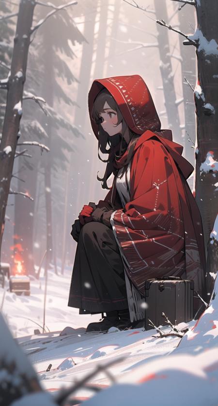 1girl, solo, snow, long hair, hood, fire, outdoors, brown hair, boots, snowing, from side, tree, suitcase, cloak, blurry, hood up, forest, gloves, nature, brown eyes, red gloves, squatting, closed mouth, hooded cloak, winter, depth of field, black footwear, red cloak
 <lora:snowlight-000007:1>