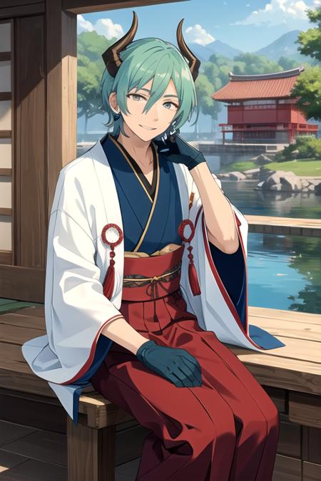 <lora:Tatsumi-02:0.7> ,tatsumies, looking at viewer, smile, gloves, long sleeves, hair between eyes, jewelry, sitting, blue hair, male focus, earrings, japanese clothes, horns, black gloves, pants, wide sleeves, kimono, water, sash, aqua hair, eyes visible through hair, tassel, hakama, head rest, rock, architecture, bridge, east asian architecture, pond, stone lantern