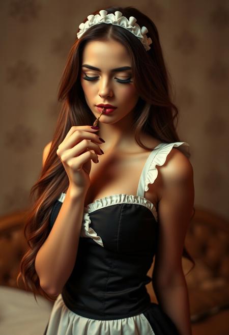 Retro photo of a stunningly beautiful petite young woman in a French maid outfit, no makeup, long flowing brunette hair, massively huge breasts, delicate features, long neck, curvy hips, tiny waist, slender, closed mouth, full lips, looking down, soft light, glowing light from above. She exudes innocence, charm, and sensuality. The image is slightly grainy emphasizing its candid and impromptu nature captured in a spontaneous moment with soft lighting that adds to the overall charm of the snapshot.